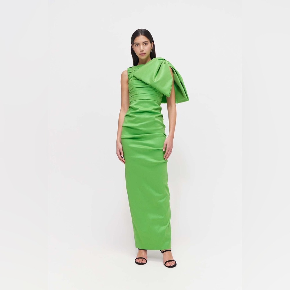 Rachel Gilbert Zima Shoulder Bow Embellished Gown Ruched Green AU1/US4 NWT